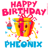 A funny animated birthday GIF with the words 'Happy Birthday Pheonixa', colorful gift box with arms and legs, holding a cupcake with a lit candle  with confetti everywhere.