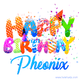 Animated GIF with colorful, festive 'Happy Birthday Pheonix' text decorated with patterns, a party hat, and falling confetti. A vibrant and cheerful design for birthday celebrations.