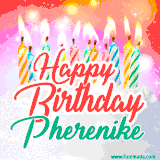 Bright birthday candles with rainbow flames on a cake, alongside the text 'Happy Birthday Pherenike' in vibrant script in this celebratory animated GIF.