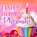 A vibrant birthday GIF featuring a rainbow-colored cupcake topped with white frosting, sprinkles, and a lit candle. The text reads 'Happy Birthday Pherenike' in bold pink and violet letters with white outline.