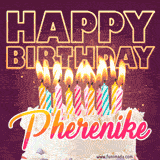 A colorful birthday cake topped with lit candles, with the words 'Happy Birthday Pherenike' in bold glowing letters on a burgundy background. Animated flames add a festive touch.