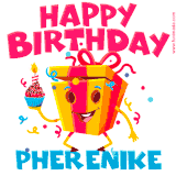 A vibrant and funny gift box character with a happy face dancing with a cupcake and the text 'Happy Birthday Pherenike,' surrounded by animated confetti and party vibes.