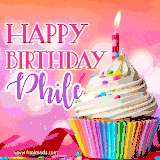A vibrant birthday GIF featuring a rainbow-colored cupcake topped with white frosting, sprinkles, and a lit candle. The text reads 'Happy Birthday Phile' in bold pink and violet letters with white outline.