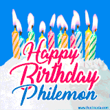 A cheerful animated GIF featuring colorful lit birthday candles on a white cake, with the text 'Happy Birthday Philemon' in bold red and blue script on a bright blue background.