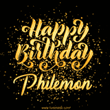 Animated GIF with colorful, festive 'Happy Birthday Philemon' text decorated with patterns, a party hat, and falling confetti. A vibrant and cheerful design for birthday celebrations.