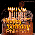 A rich chocolate cake topped with glowing birthday candles and surrounded by bright fireworks. The animated GIF displays the message 'Happy Birthday Philemon' in golden text.