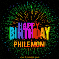 A colorful animated GIF featuring the text 'Happy Birthday Philemon!' in rainbow colors with a dynamic iridescent firework display in the background.