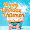 A cheerful animated GIF of a cupcake with creamy frosting, a red checkered ribbon, and a bright sparkler on top. The text 'Happy Birthday Philemon!' is displayed in vibrant orange and red.