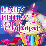 A festive animated GIF featuring a colorful cupcake with a single lit candle, sprinkles, and 'Happy Birthday Philemon' text against a sparkling, celebratory background.