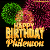 A captivating GIF with bursts of green, pink, and orange fireworks lighting up the night sky, accompanied by 'Happy Birthday Philemon' in glowing golden text.