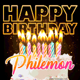 A vibrant animated GIF featuring a delicious birthday cake topped with glowing candles and the name 'Philemon' in elegant script, and the words 'Happy Birthday' on the black background.