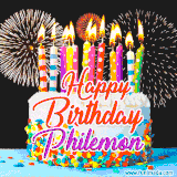 A lively happy birthday animated GIF showcasing a colorful birthday cake covered in sprinkles, topped with glowing candles, and surrounded by vibrant fireworks. The name 'Philemon' is featured in elegant script.
