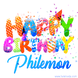 Animated GIF with colorful, festive 'Happy Birthday Philemon' text decorated with patterns, a party hat, and falling confetti. A vibrant and cheerful design for birthday celebrations.