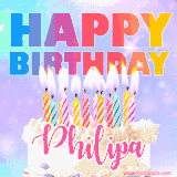 A vibrant animated name GIF with the words 'Happy Birthday Philipa' with colorful candles on a creamy cake. The background sparkles with pastel shades, adding a festive touch.
