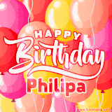 A vibrant name GIF featuring colorful balloons in shades of pink, orange, and yellow with the bold text 'Happy Birthday Philipa' in festive fonts, creating a lively birthday vibe.