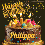 A delightful chocolate birthday cake with bright candles and 'Happy Birthday Philippa' written in gold amidst a shower of animated stars.