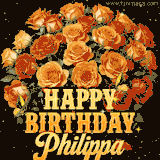 Animated bouquet of orange roses with moving butterfles and golden 'Happy Birthday Philippa' text, surrounded by sparkling accents and a dark backdrop for a luxurious feel.
