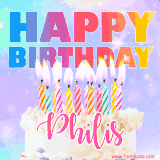 A vibrant animated name GIF with the words 'Happy Birthday Philis' with colorful candles on a creamy cake. The background sparkles with pastel shades, adding a festive touch.
