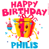 A vibrant and funny gift box character with a happy face dancing with a cupcake and the text 'Happy Birthday Philis,' surrounded by animated confetti and party vibes.