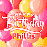 A vibrant name GIF featuring colorful balloons in shades of pink, orange, and yellow with the bold text 'Happy Birthday Phillis' in festive fonts, creating a lively birthday vibe.
