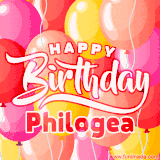 A vibrant name GIF featuring colorful balloons in shades of pink, orange, and yellow with the bold text 'Happy Birthday Philogea' in festive fonts, creating a lively birthday vibe.