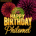Wishing You A Happy Birthday, Philomel! Best fireworks GIF animated greeting card.