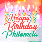 Bright birthday candles with rainbow flames on a cake, alongside the text 'Happy Birthday Philomela' in vibrant script in this celebratory animated GIF.
