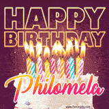 A colorful birthday cake topped with lit candles, with the words 'Happy Birthday Philomela' in bold glowing letters on a burgundy background. Animated flames add a festive touch.
