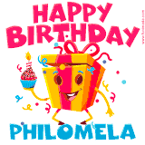 A vibrant and funny gift box character with a happy face dancing with a cupcake and the text 'Happy Birthday Philomela,' surrounded by animated confetti and party vibes.
