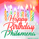 Bright birthday candles with rainbow flames on a cake, alongside the text 'Happy Birthday Philomena' in vibrant script in this celebratory animated GIF.