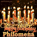 A glowing personalized birthday GIF with name Philomena featuring lit candles with intricate designs, warm lighting, and the text 'Happy Birthday' in an elegant font.