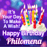 A colorful birthday GIF for Philomena featuring a cupcake with vibrant lit candles and the text 'It's Your Day to Make a Wish! Happy Birthday Philomena' in bold letters on a festive purple background.