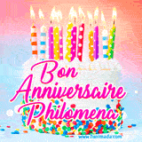 A white birthday cake covered in colorful sprinkles, topped with bright candles, and French text 'Bon Anniversaire Philomena' on a pastel gradient background in an animated GIF.