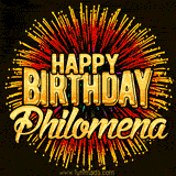 Golden 'Happy Birthday Philomena' text accompanied by animated rainbow fireworks for a festive animated greeting.