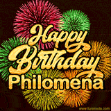 Golden text reading 'Happy Birthday Philomena' surrounded by vibrant fireworks in red, green, and yellow, set against a dark background in this celebratory birthday GIF.