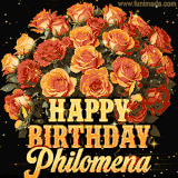Animated bouquet of orange roses with moving butterfles and golden 'Happy Birthday Philomena' text, surrounded by sparkling accents and a dark backdrop for a luxurious feel.