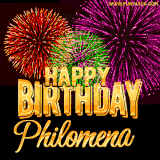 A golden 'Happy Birthday Philomena' message with vibrant fireworks in the background, creating a festive and celebratory vibe in this animated name GIF.