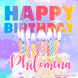 A vibrant animated name GIF with the words 'Happy Birthday Philomena' with colorful candles on a creamy cake. The background sparkles with pastel shades, adding a festive touch.