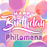 A vibrant name GIF featuring colorful balloons in shades of pink, orange, and yellow with the bold text 'Happy Birthday Philomena' in festive fonts, creating a lively birthday vibe.