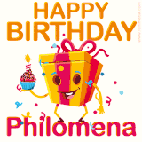 A vibrant and funny gift box character with a happy face dancing with a cupcake and the text 'Happy Birthday Philomena,' surrounded by animated confetti and party vibes.