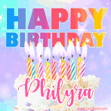 A vibrant animated name GIF with the words 'Happy Birthday Philyra' with colorful candles on a creamy cake. The background sparkles with pastel shades, adding a festive touch.