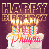 A colorful birthday cake topped with lit candles, with the words 'Happy Birthday Philyra' in bold glowing letters on a burgundy background. Animated flames add a festive touch.