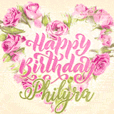 A stunning heart made of pink roses surrounds the elegant script text 'Happy Birthday Philyra' on a soft beige background. Animated sparkles add a magical and festive feel.