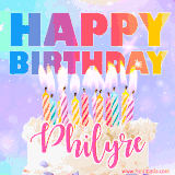 A vibrant animated name GIF with the words 'Happy Birthday Philyre' with colorful candles on a creamy cake. The background sparkles with pastel shades, adding a festive touch.
