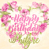 A stunning heart made of pink roses surrounds the elegant script text 'Happy Birthday Philyre' on a soft beige background. Animated sparkles add a magical and festive feel.