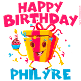 A vibrant and funny gift box character with a happy face dancing with a cupcake and the text 'Happy Birthday Philyre,' surrounded by animated confetti and party vibes.