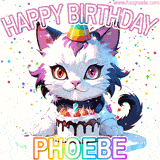 Adorable party-themed animated cat next to a lit birthday cake with text that says 'Happy Birthday Phoebe,' surrounded by colorful decorations and sparkles.