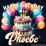 Bright birthday animation for Phoebe with a chocolate cake, candles, balloons, and glowing celebratory lights.