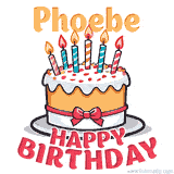 Cartoon birthday cake with a red bow, glowing candles, and 'Phoebe Happy Birthday' text in bold animated style.