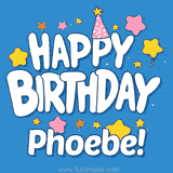 Colorful animated birthday card with the text 'HAPPY BIRTHDAY Phoebe!' in a white playful font surrounded by stars, hearts, and a party hat on a blue background.